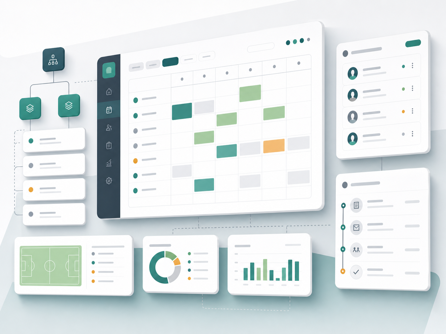 Abstract sports league administration interface with scheduling, roster, and workflow panels.