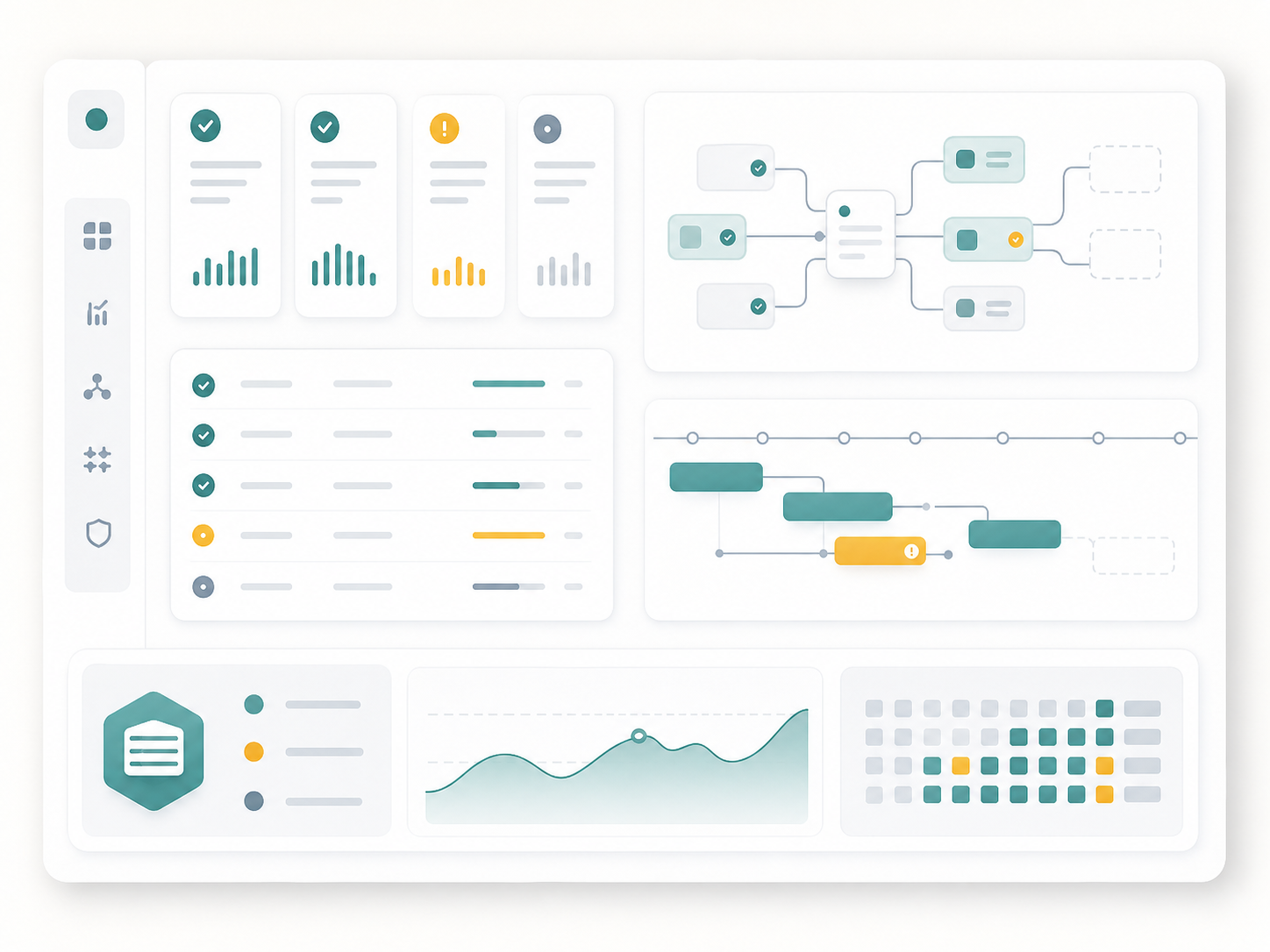 Abstract operations dashboard with job health cards, dependency map, and status timeline.