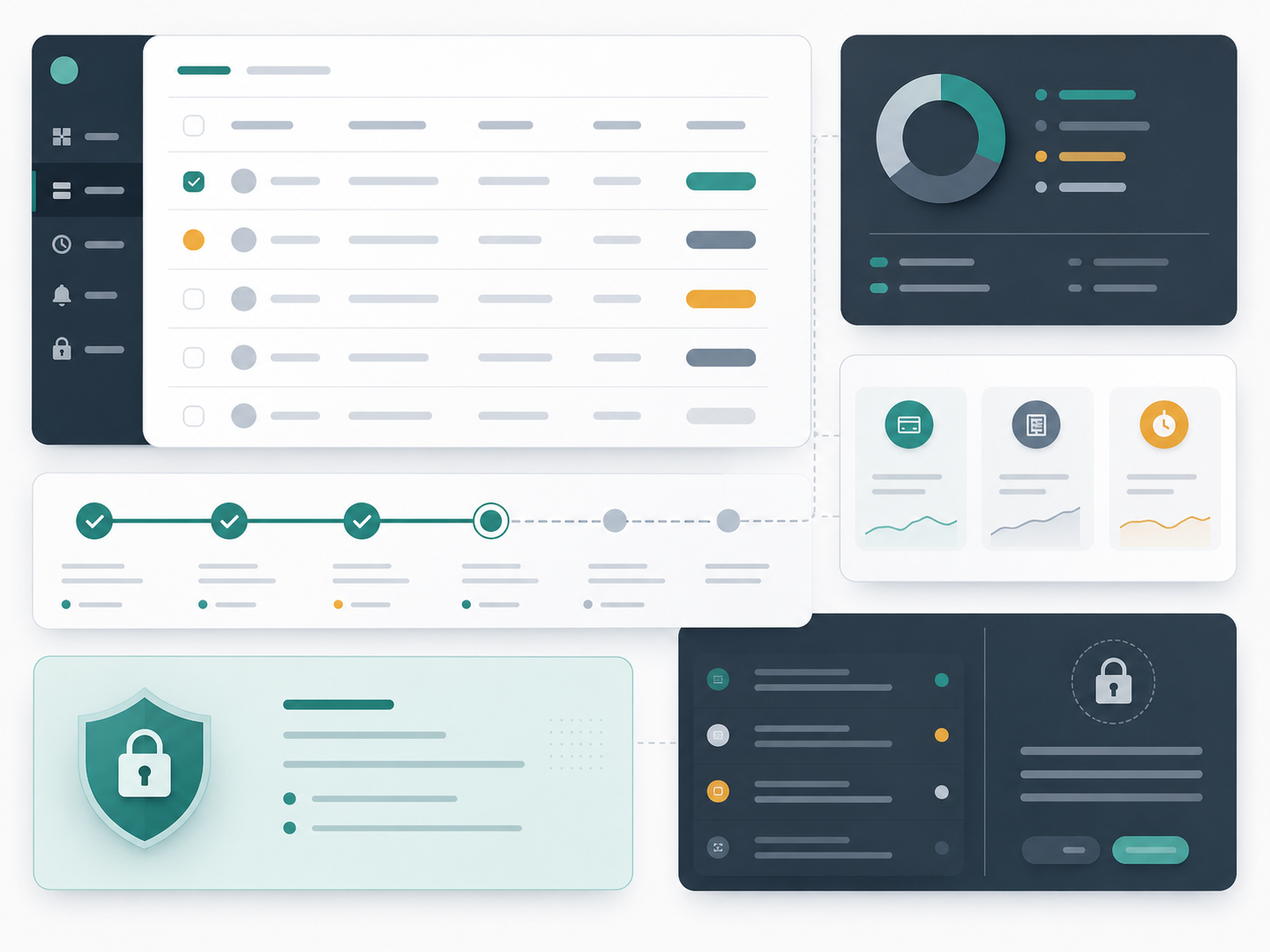 Abstract ledger interface with record rows, payment timeline, validation states, and privacy panels.