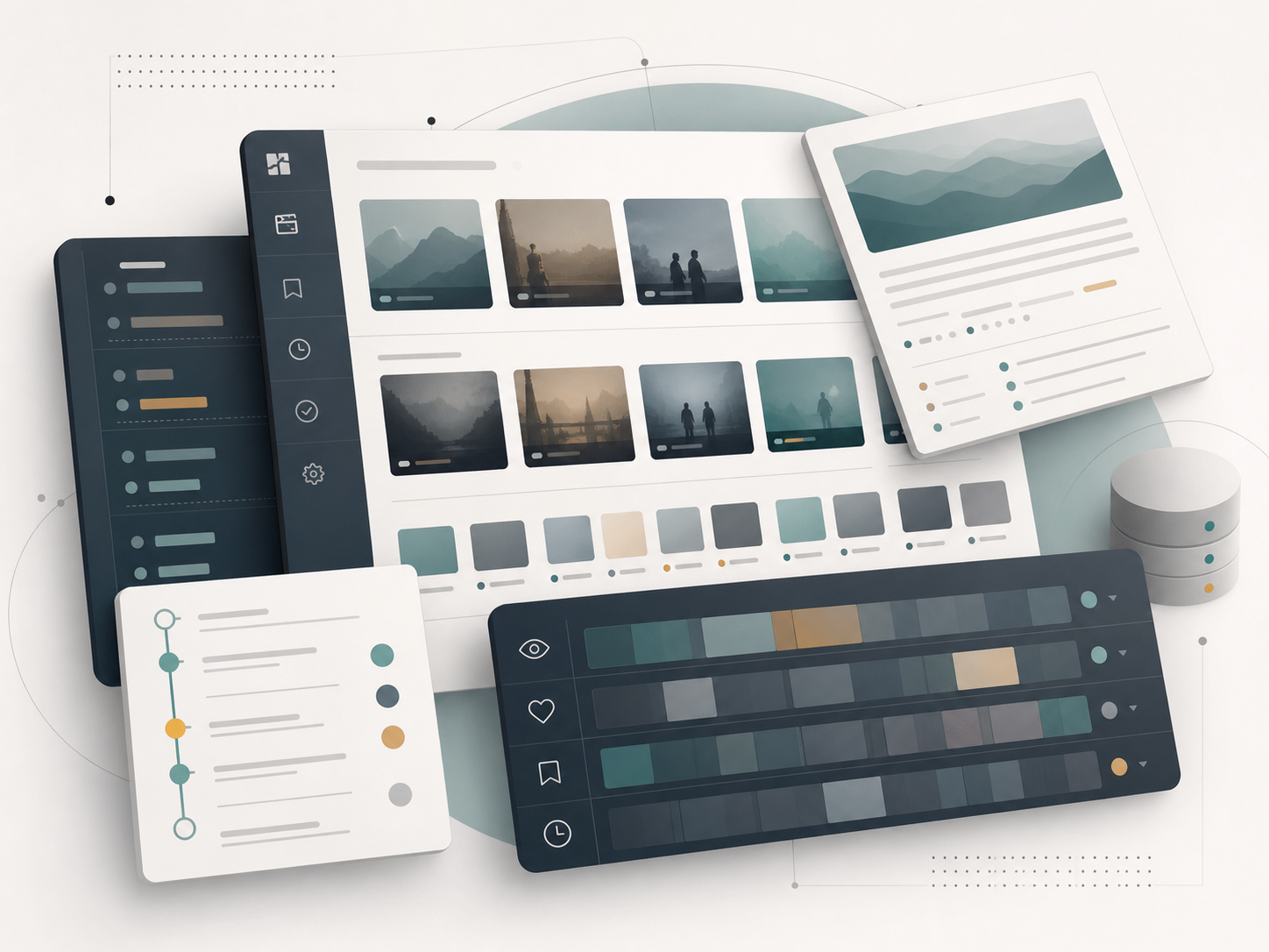 Abstract media tracking interface with watchlist lanes, history timeline, and metadata panels.
